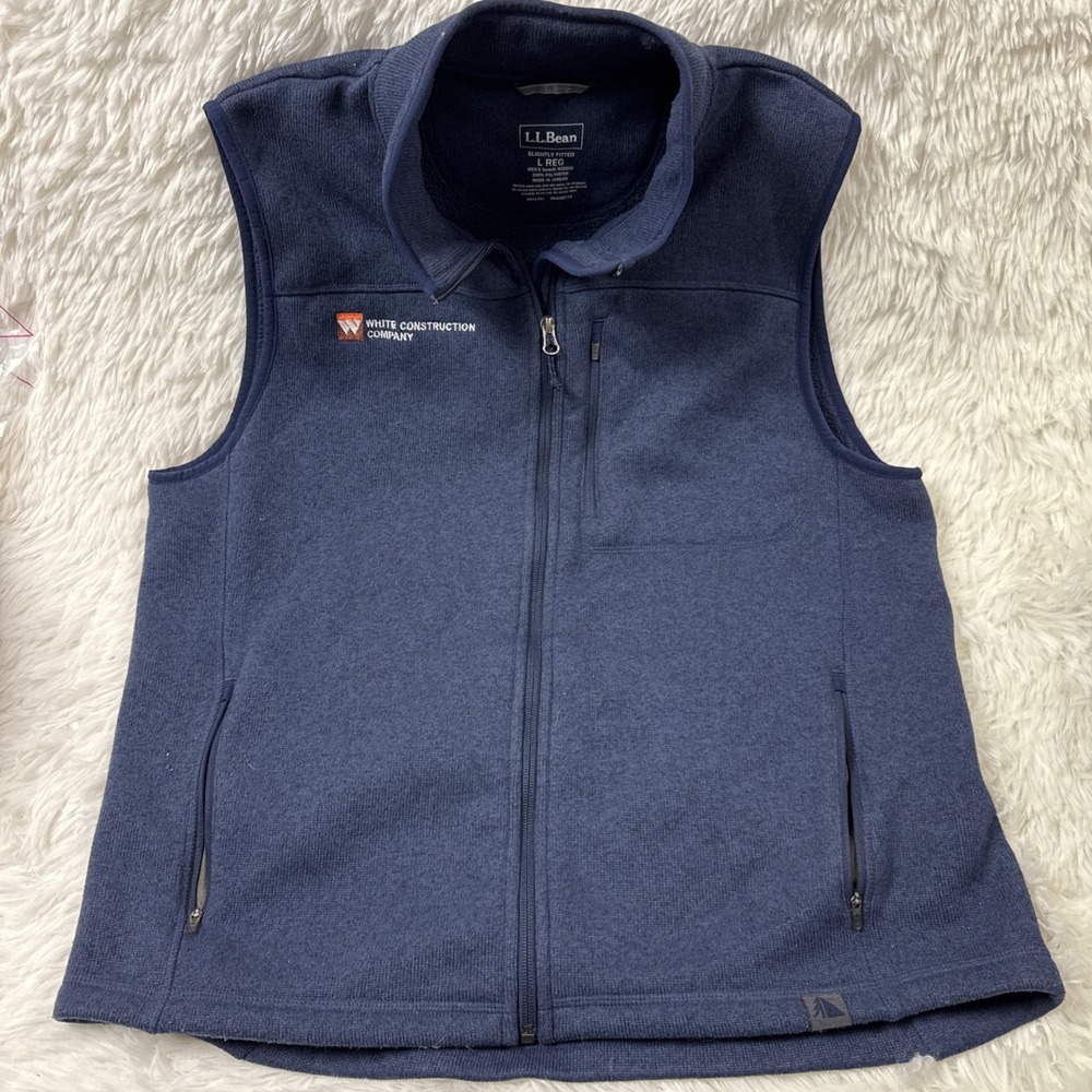 L.L.Bean Sweater Fleece Vest Mens L Navy Full Zip White Construction Logo